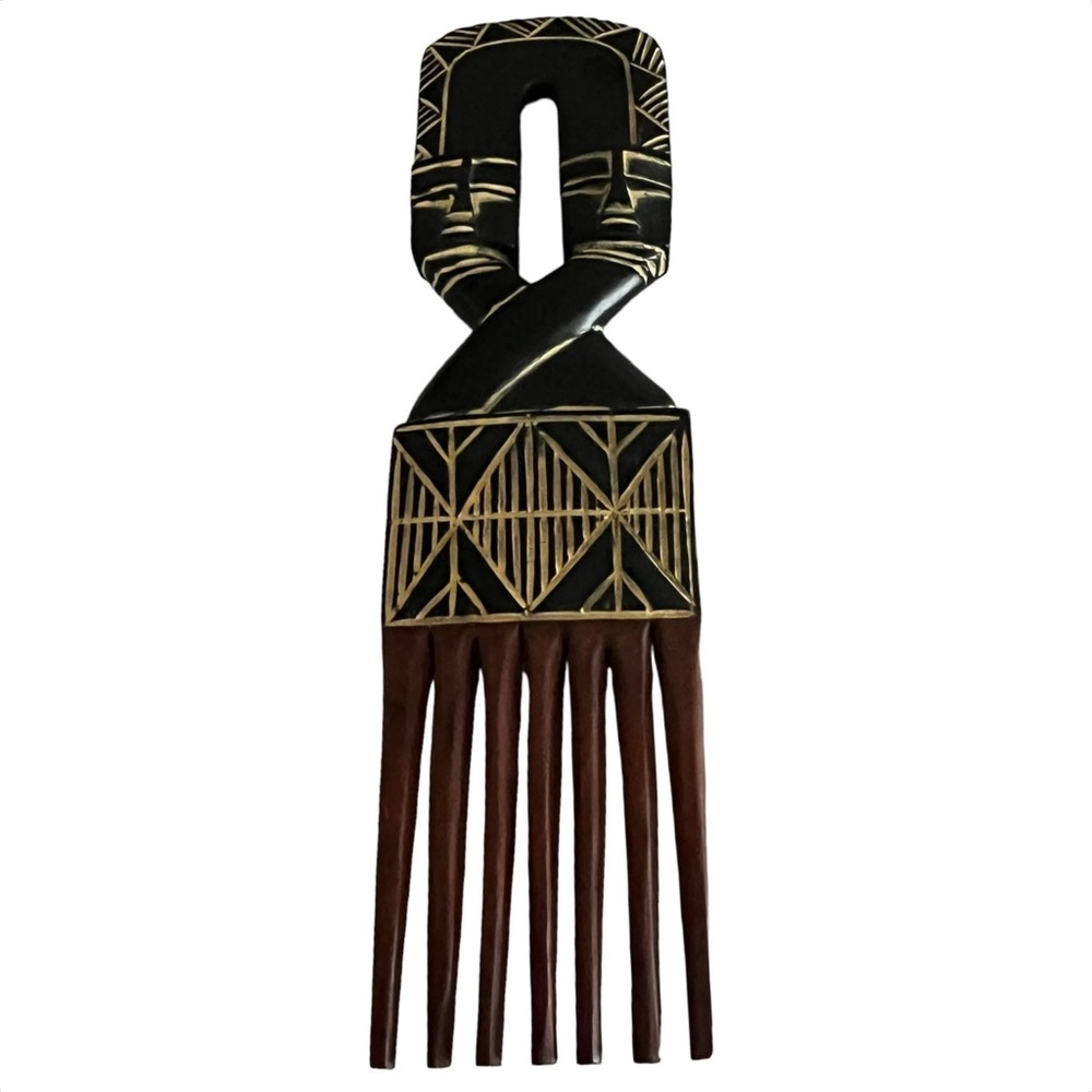 Ghana Africa 2Headed Vintage Fertility Comb Hand-Carved Black Wax Finish Perfect
